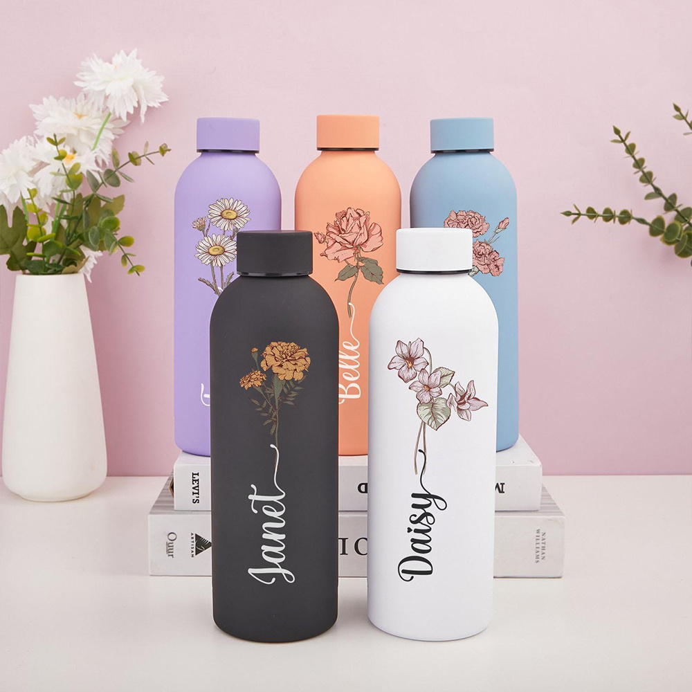 Sports Water Bottle Insulated - ขวดน้ำลายดอกไม้แบบกำหนดเองได้, ขวดเก็บความเย็นแบบพกพาสำหรับกีฬากลางแจ้ง, สำหรับการตั้งแคมป์, เดินป่า และการเดินทาง