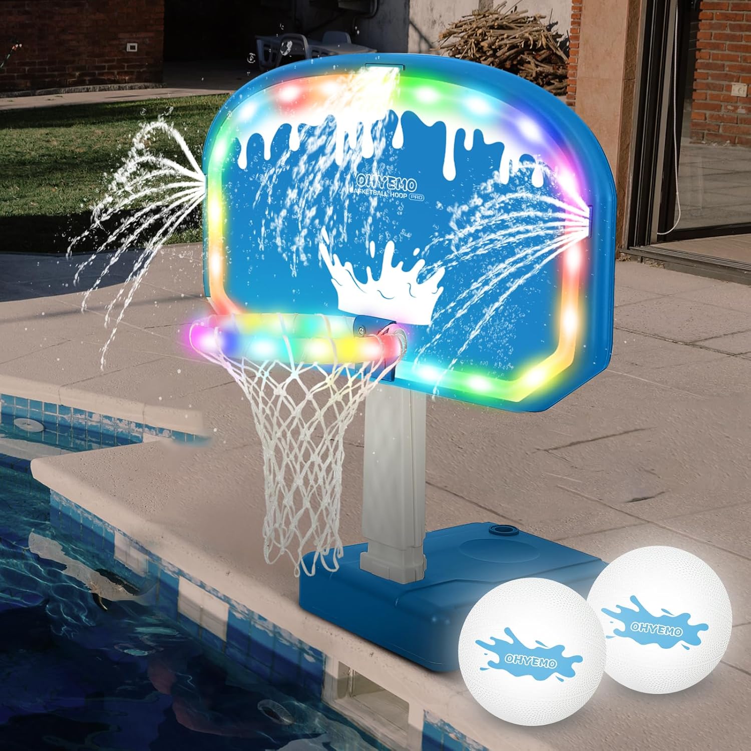 Basketball Hoop - ชุดเกมบาสเก็ตบอล LED ขนาดใหญ่พร้อมสปริงเกลอร์ 3 ทิศทาง, ขอบวงแหวนเรืองแสงขนาด
