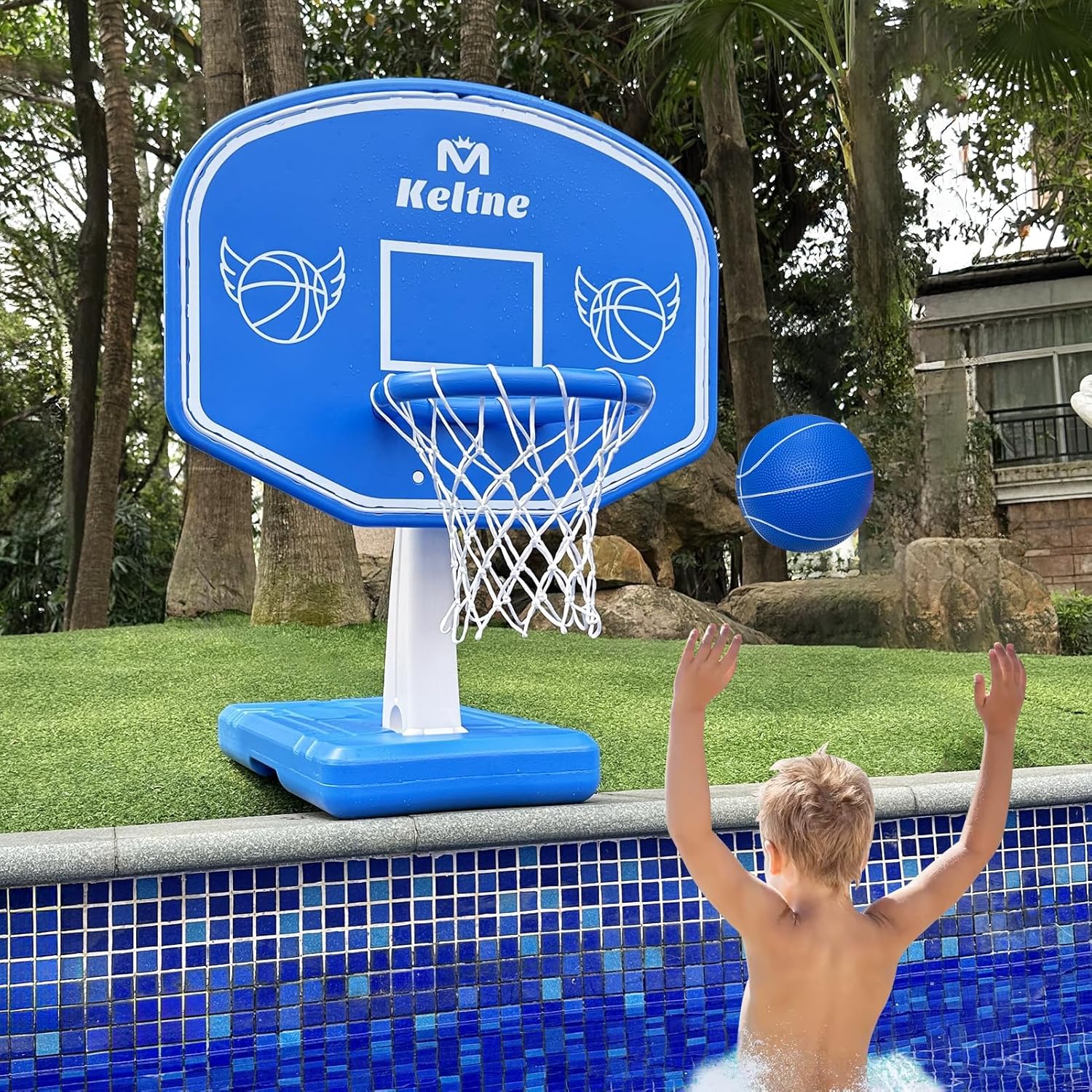 Basketball Hoop - ห่วงบาสเก็ตบอลสำหรับสระว่ายน้ำขนาดใหญ่พร้อมฐานที่แข็งแรงทนทาน เหมาะสำหรับการเล่นบาสเก็ตบอลริมสระน้ำ มาพร้อมลูกบอล 2 ลูกและปั๊มลม กิจกรรมทางน้ำแสนสนุกสำหรับเด็กและผู้ใหญ่