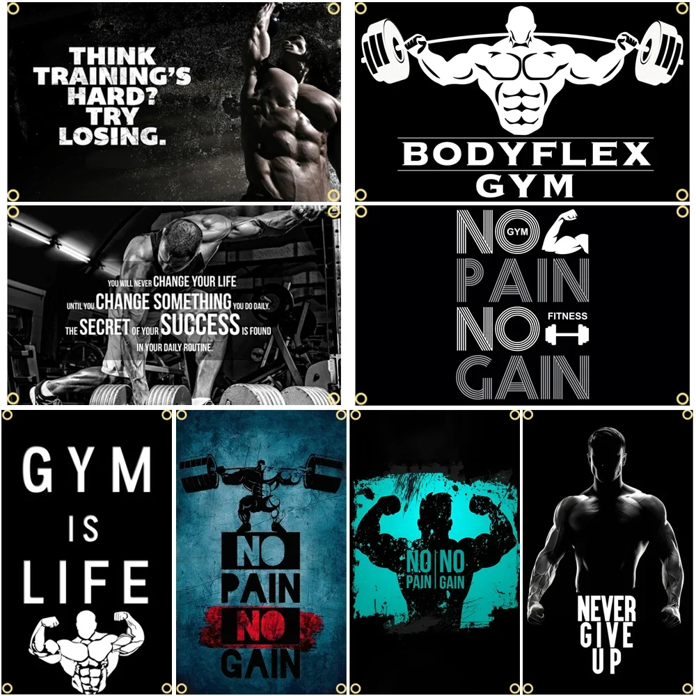 Sports Equipment Poster - GYM ธงข้อความป้ายสโลแกนออกกําลังกายฟิตเนสโปสเตอร์โฆษณาโลโก้กีฬากลางแจ้ง Club การพิมพ์ดิจิตอลแบนเนอร์ Grommet ทองเหลือง